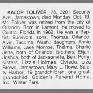 Obituary for KALOP TOLIVER